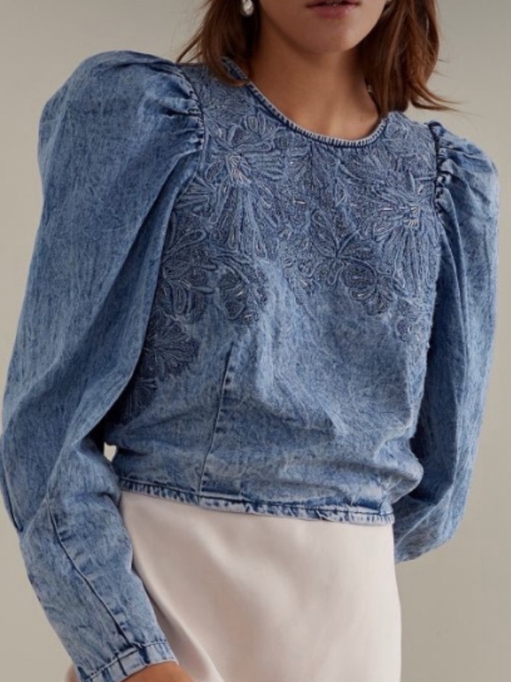 Anthropologie Light Blue Embroidered Puff-Sleeve Denim Top
